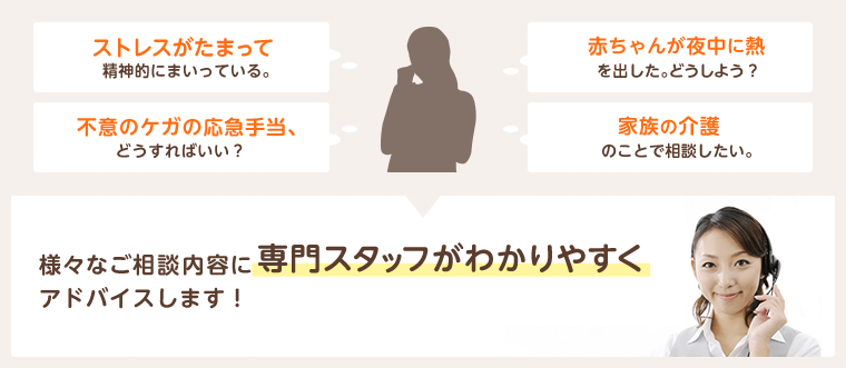 「ストレスがたまって精神的にまいっている。」「不意のケガの応急手当、どうすればいい？」「赤ちゃんが夜中に熱を出した。どうしよう？」「家族の介護のことで相談したい。」様々なご相談内容に専門スタッフがわかりやすくアドバイスします！