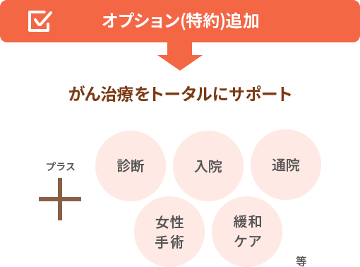 オプション(特約)追加⇒がん治療をトータルにサポート(+診断、入院、通院、女性手術、緩和ケア等)