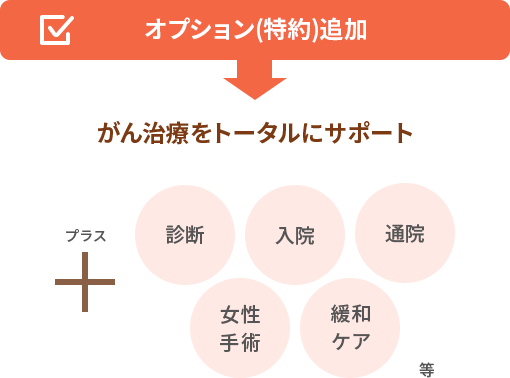 オプション(特約)追加⇒がん治療をトータルにサポート(＋診断、入院、通院、女性手術、緩和ケア等)