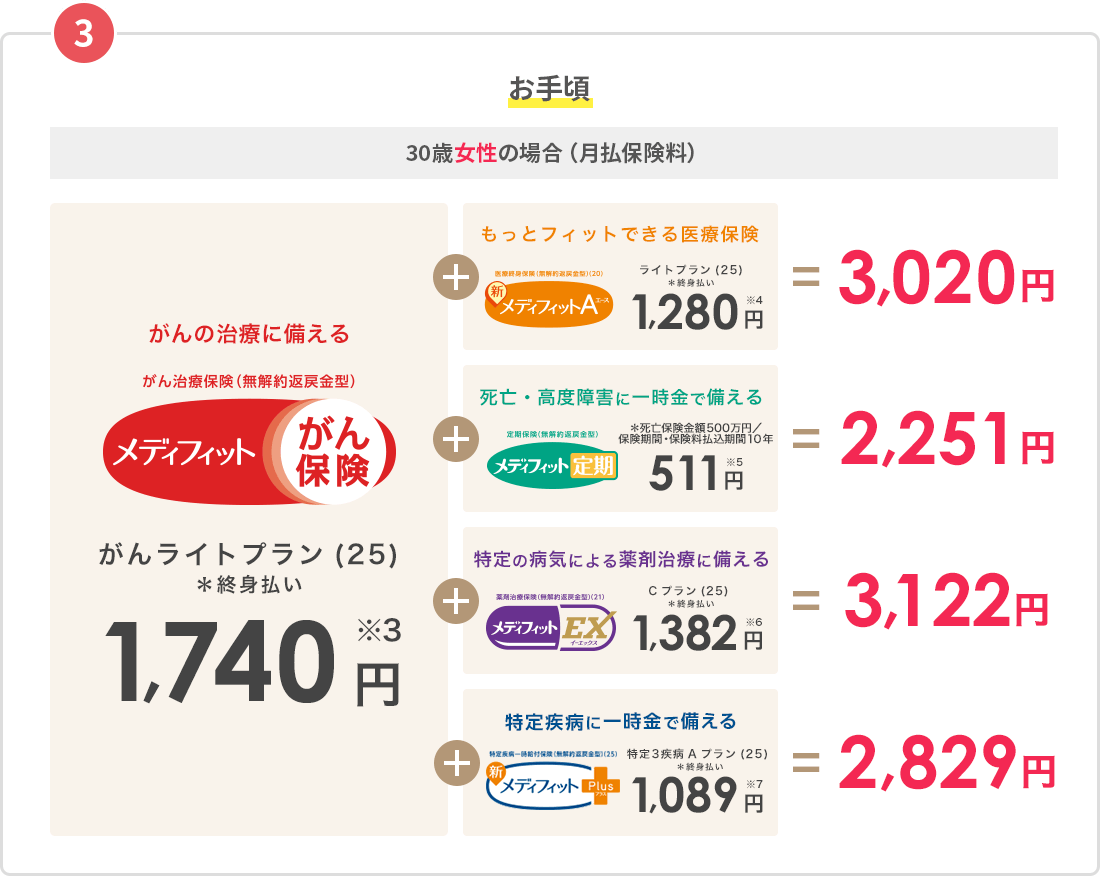 3お手頃 [30歳女性の場合] がんの治療に備える がん治療保険(無解約返戻金型)メディフィットがん保険 月払保険料(終身払い)がんライトプラン(25)1,740円※3 + もっとフィットできる医療保険 医療終身保険(無解約返戻金型)(20) 新メディフィットＡ〈エース〉月払保険料(終身払い)ライトプラン(25) 1,280円※4 =3,020円 がんの治療に備える がん治療保険(無解約返戻金型)メディフィットがん保険 月払保険料(終身払い)がんライトプラン(25)1,740円※3 + 死亡・高度障害に一時金で備える 定期保険(無解約返戻金型) メディフィット定期 月払保険料 (死亡保険金額500万円/保険期間・保険料払込期間10年) 511円※5 =2,251円 がんの治療に備える がん治療保険(無解約返戻金型)メディフィットがん保険 月払保険料(終身払い)がんライトプラン(25)1,740円※3 + 特定の病気による薬剤治療に備える 薬剤治療保険(無解約返戻金型) メディフィットEX(イーエックス) 月払保険料(終身払い)Cプラン(25) 1,382円※6 =3,122円 がんの治療に備える がん治療保険(無解約返戻金型)メディフィットがん保険 月払保険料(終身払い)がんライトプラン(25)1,740円※3 + 特定疾病に一時金で備える 特定疾病一時給付保険(無解約返戻金型)(25) 新メディフィットPlus(プラス) 月払保険料(終身払い)特定３疾病Aプラン(25)1,089円※7 =2,829円