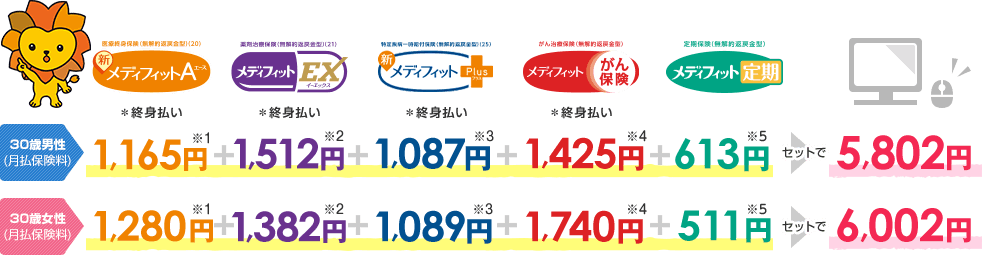 医療終身保険(無解約返戻金型)(20) 新メディフィットＡ(エース) 30歳男性(月払保険料)：1,175円※1 30歳女性(月払保険料)：1,240円※1 薬剤治療保険(無解約返戻金型) メディフィットEX(イーエックス) 30歳男性(月払保険料)：1,512円※2  30歳女性(月払保険料)：1,382円※2 特定疾病一時給付保険(無解約返戻金型)(23) 新メディフィットPlus(プラス)  30歳男性(月払保険料)：1,222円 ※3  30歳女性(月払保険料)：1,198円※3 がん治療保険(無解約返戻金型) メディフィットがん保険 30歳男性(月払保険料)：1,565円※4  30歳女性(月払保険料)：2,090円※4 定期保険(無解約返戻金型) メディフィット定期 30歳男性(月払保険料)：613円※5 30歳女性(月払保険料)：511円※5 新メディフィットＡとメディフィットEXと新メディフィットPlusとメディフィットがん保険とメディフィット定期のセット 30歳男性(月払保険料)：新メディフィットＡ(1,175円※1)＋メディフィットEX(1,512円※2)＋新メディフィットPlus(1,222円 ※3)＋メディフィットがん保険(1,565円※4)メディフィット定期(613円※5)セットで6,087円 30歳女性(月払保険料)(月払保険料)：新メディフィットＡ(1,240円※1)＋メディフィットEX(1,382円※2)＋新メディフィットPlus(1,198円※3)＋メディフィットがん保険(2,090円※4)＋メディフィット定期(511円※5)セットで6,421円