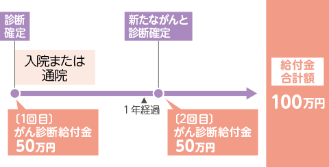 お支払例 診断確定されたがんが治癒した後、初回の診断確定から1年後の応当日以後に新たながんと初めて診断確定されたとき