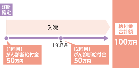 お支払例 初めてがんと診断確定されたときから1年後の応当日に、診断確定されたがんの治療のため、入院を継続されているとき