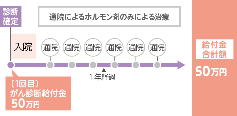 お支払例 初めてがんと診断確定されたときから1年後の応当日以後に、通院でホルモン剤のみによる治療を受けられたとき