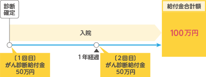 お支払例 ケース2 初めてがんと診断確定されたときから1年後の応当日に、診断確定されたがんの治療のため、入院を継続されているとき