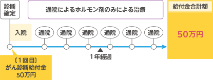 お支払例 ケース4 初めてがんと診断確定されたときから1年後の応当日以後に、通院でホルモン剤のみによる治療を受けられたとき