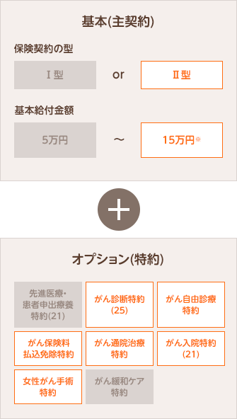 おすすめの特約を付加したプラン(がんレディプラン(23)) 保険期間 終身 保険契約の型 Ⅱ型 基本給付金額 15万円 がん診断特約(23) (1年型) 1回につき50万円 がん保険料払込免除特約 付加 がん通院治療特約 1日につき1万円 がん入院特約(21) 1日につき1万円 女性がん手術特約 女性がん特定手術給付金1回につき10万円、乳房再建術給付金1乳房につき50万円