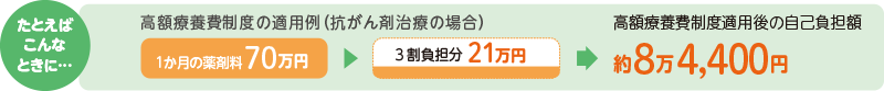 たとえばこんなときに... 高額療養費制度の適用例(抗がん剤治療の場合) 1か月の薬剤料70万円 3割負担分21万円 高額療養費制度適用後の自己負担額：約8万4,400円