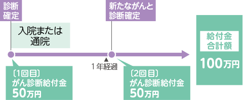 お支払例 診断確定されたがんが治癒した後、初回の診断確定から1年後の応当日以後に新たながんと初めて診断確定されたとき