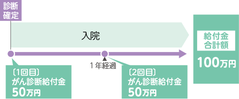 お支払例 初めてがんと診断確定されたときから1年後の応当日に、診断確定されたがんの治療のため、入院を継続されているとき