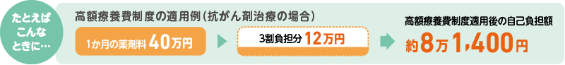 たとえばこんなときに… 高額療養費制度の適用例(抗がん剤治療の場合) 1か月の薬剤料70万円 3割負担分21万円 高額療養費制度適用後の自己負担額：約8万4,400円