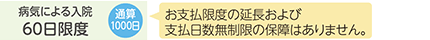 病気による入院：60日限度 通算1000日 お支払限度の延長および支払日数無制限の保障はありません。