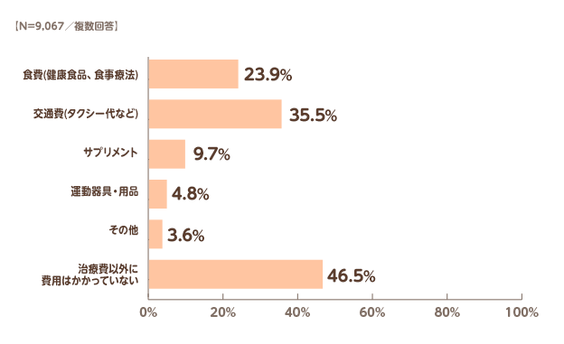 【N=9,067／複数回答】食費(健康食品、食事療法):23.9%,交通費(タクシー代など)35.5%,サプリメント:9.7%,運動器具・用品:4.8%,その他:3.6%,治療費以外に費用はかかっていない:46.5%