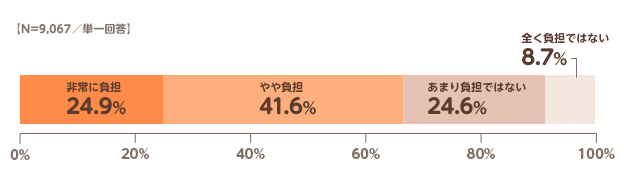 【N=9,067／単一回答】非常に負担:24.9%,やや負担:41.6%,あまり負担ではない:24.6%,全く負担ではない:8.7%