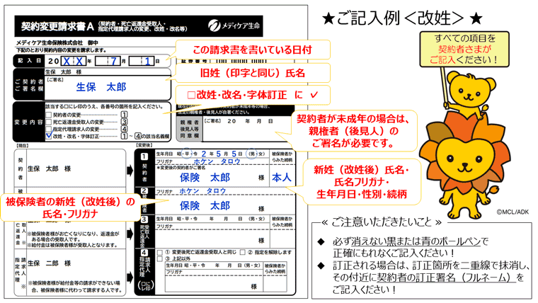 メディケア生命 契約変更請求書A(契約書・死亡返還金受取人・指定代理請求人の変更、改姓・改名等) 改姓の方 ご記入例