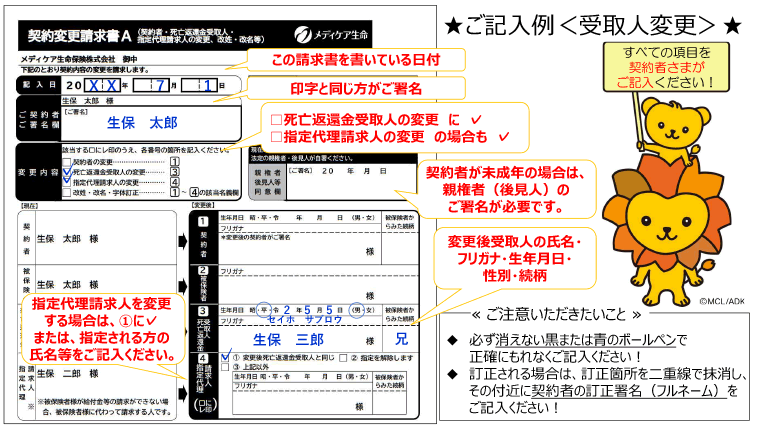 メディケア生命 契約変更請求書A(契約書・死亡返還金受取人・指定代理請求人の変更、改姓・改名等) 契約者変更・受取人変更の方 ご記入例